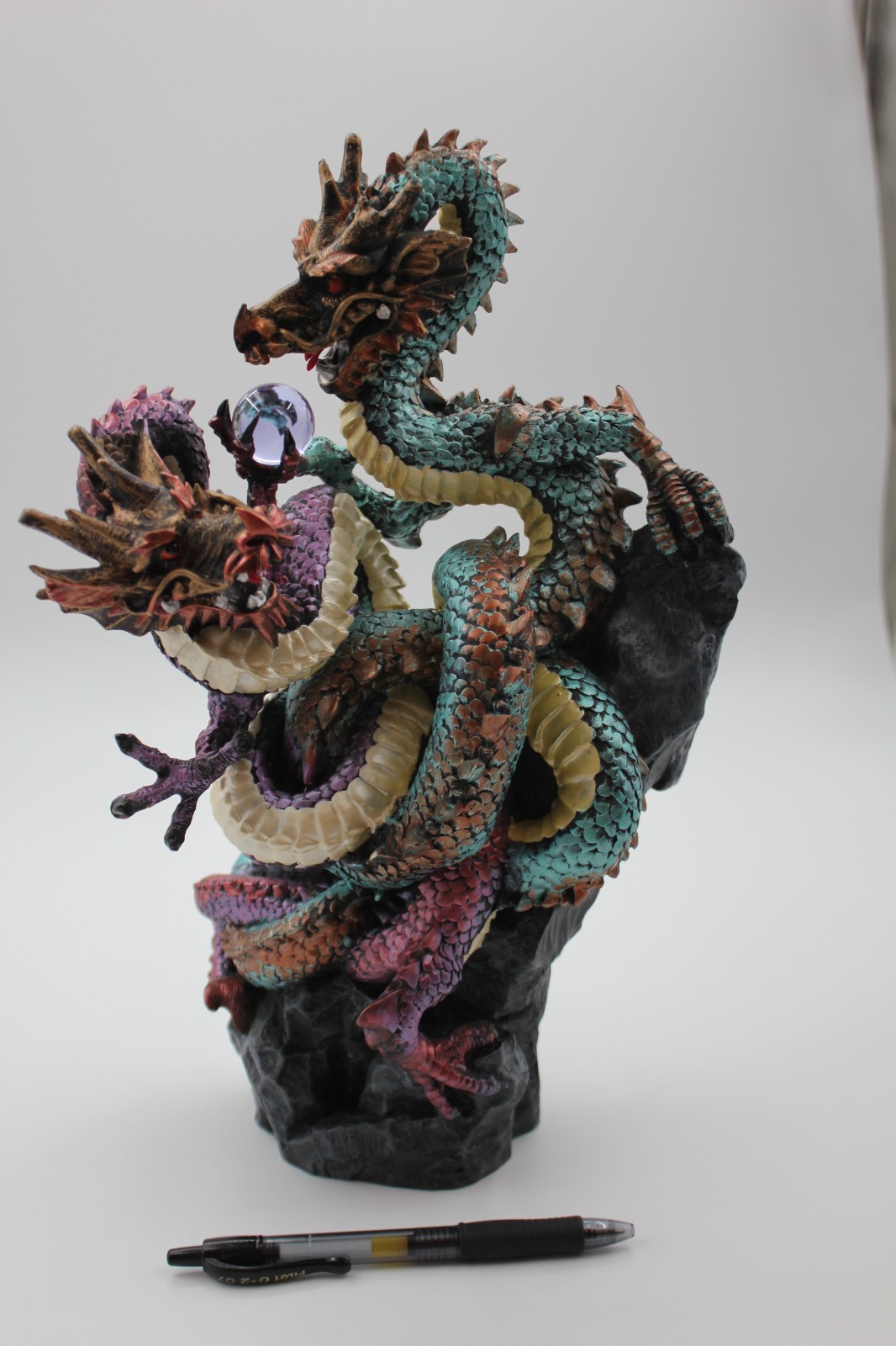 Dueling Dragons Figurine w/ Crystal Ball Rainbow Metalic Resin Mythical Fantasy