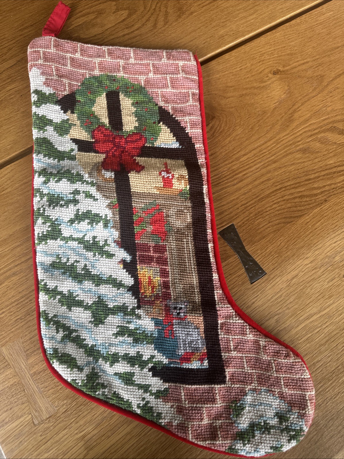 VTG Imperial Elegant Needlepoint Christmas Stocking Tree Cat Fireplace Wreath