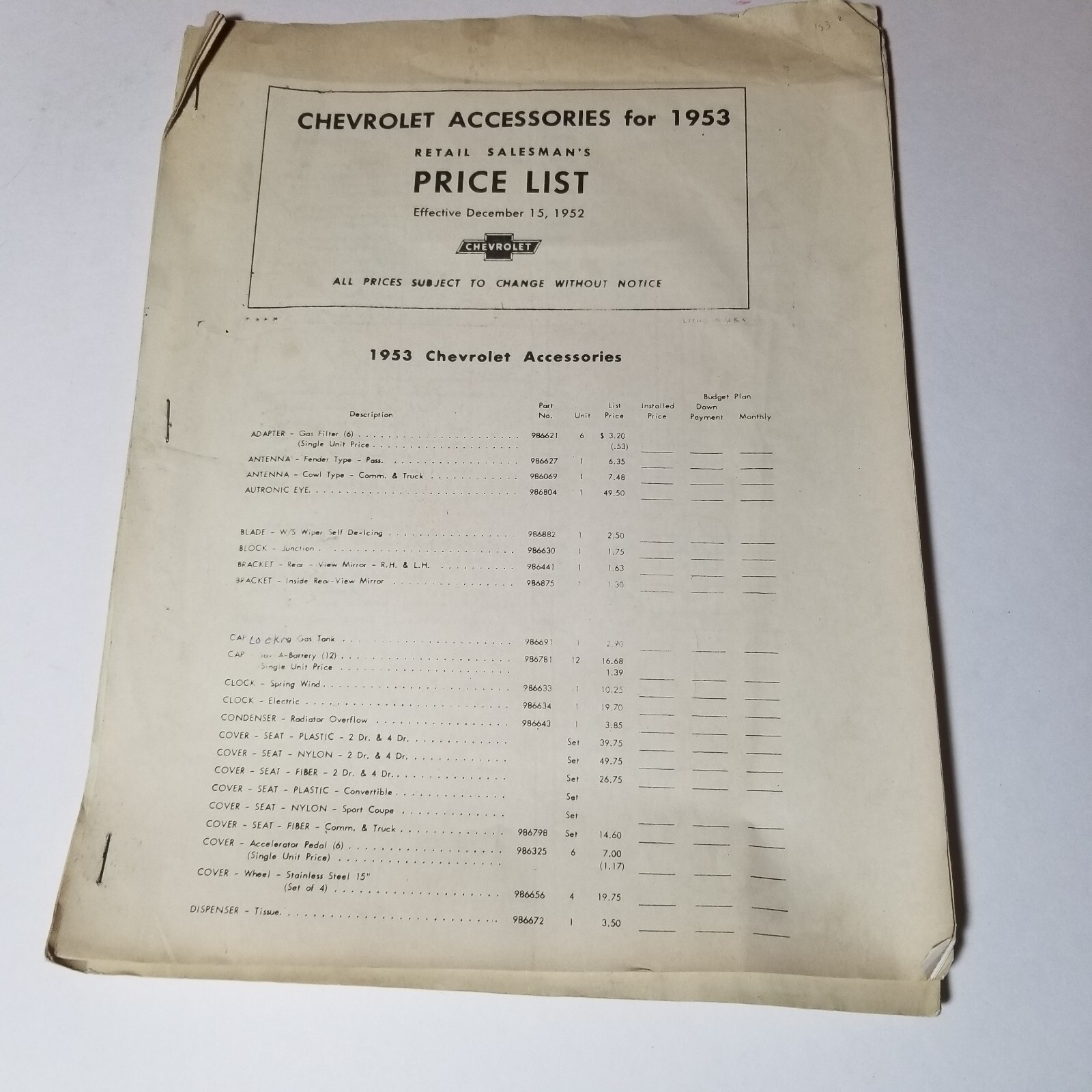 1953 Chevrolet Accessories Price List Chevy Brochure Retail Salesman\'s vtg