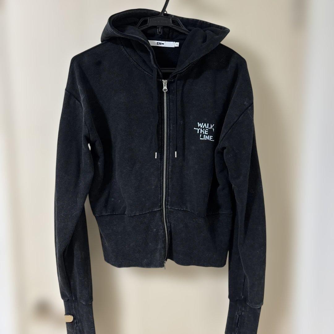 ENHYPEN WALK THE LINE Zip Up Hoodie Black L Thumb Hole Vintage Wash