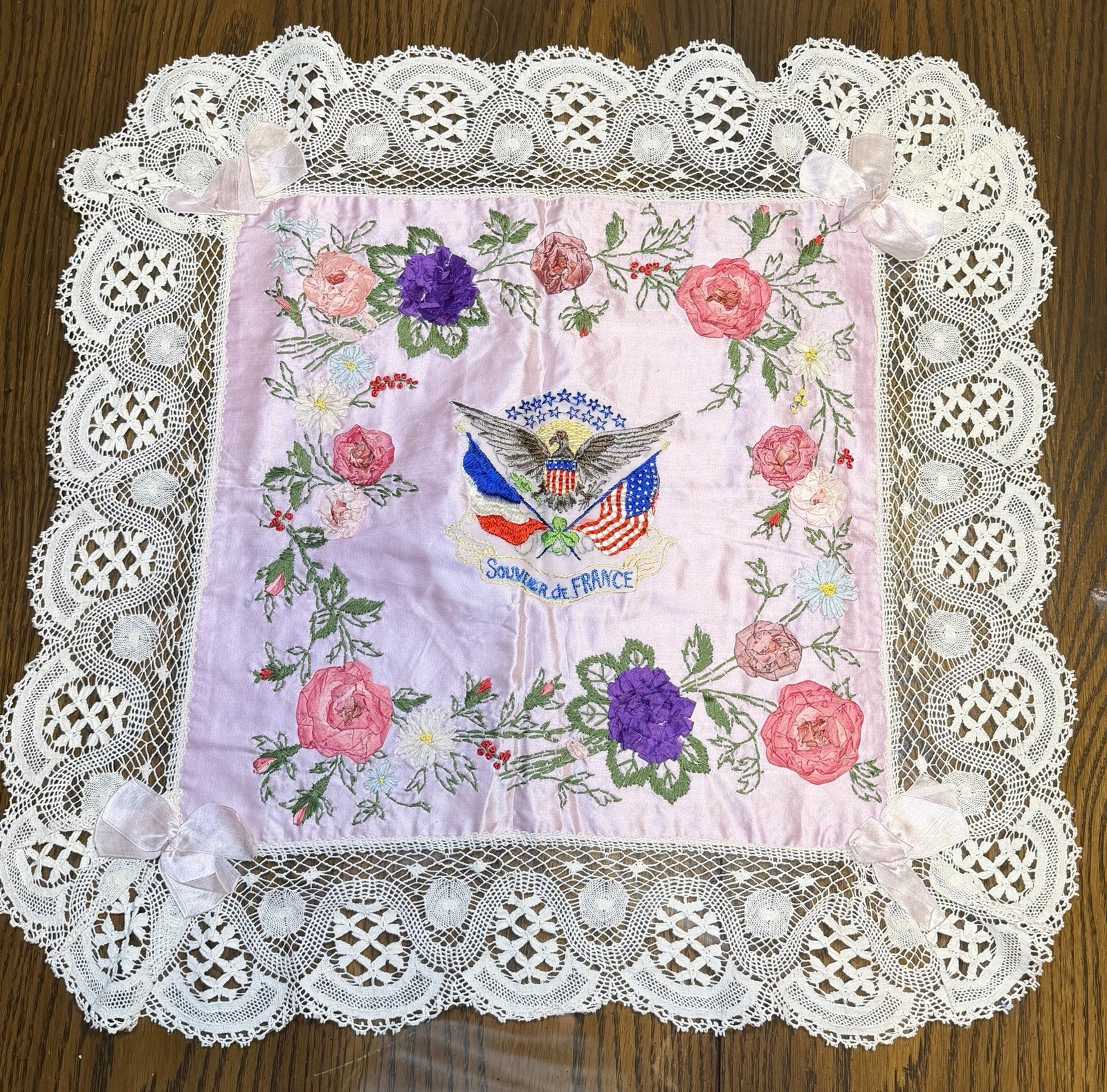 WW1 US France Banner Pink Silk Lace & Ribbon Embroidery Textile 24” PRISTINE