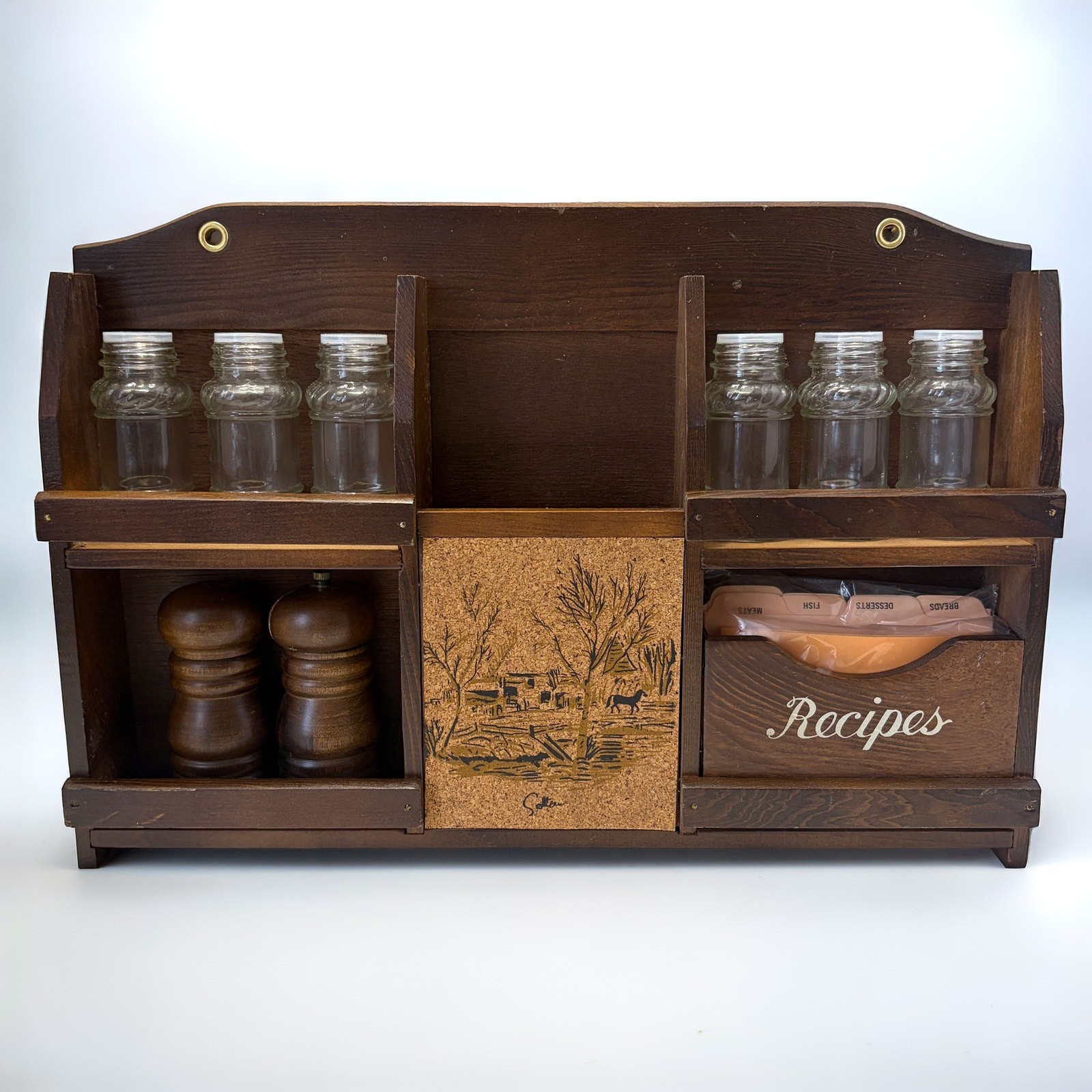 Vintage Himark NWT Wooden Spice Rack Recipe Box Utensil Holder Salt Pepper Set
