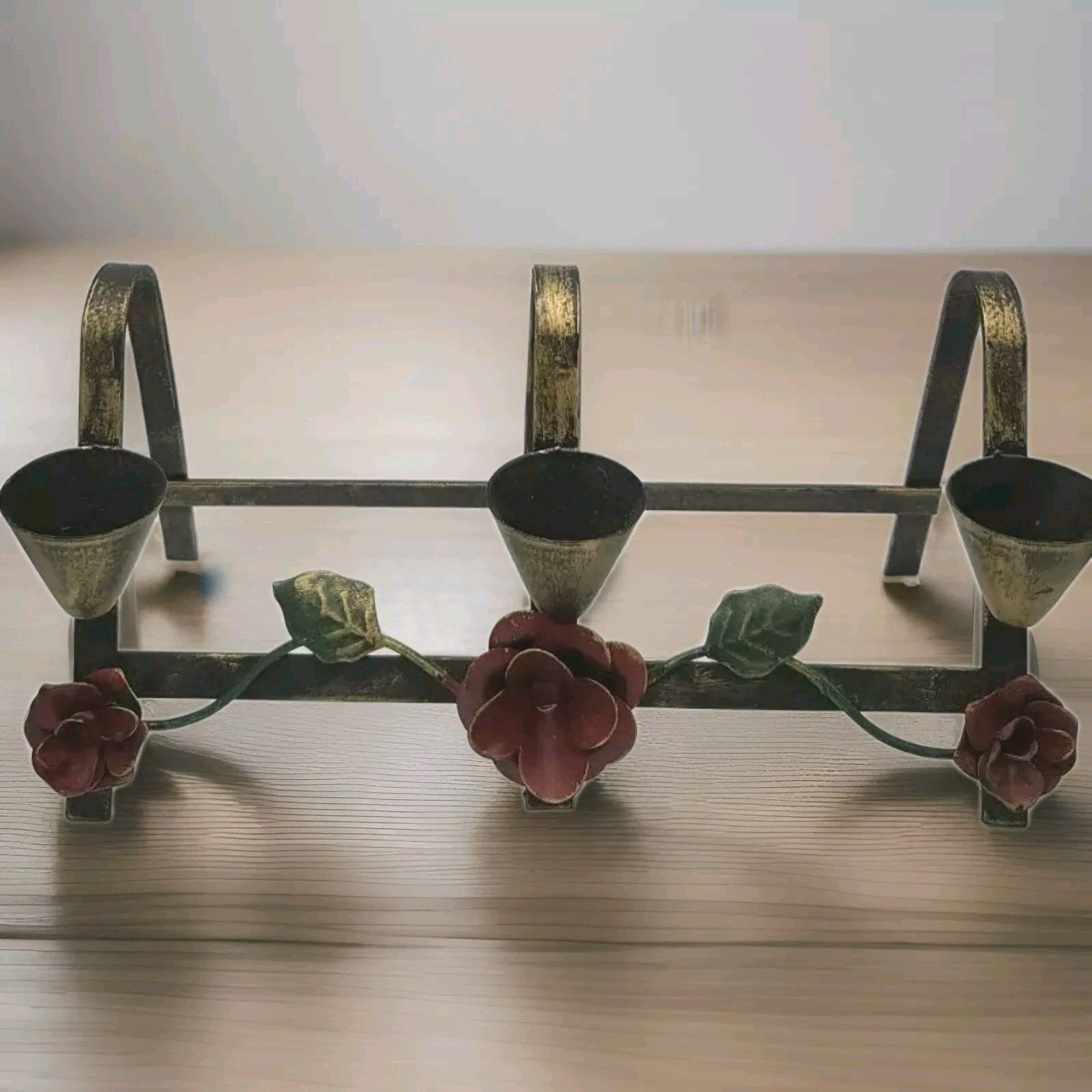 Vintage Candelabra Tole Cast Iron Hand Painted  3 Candlestick Holders Flowers
