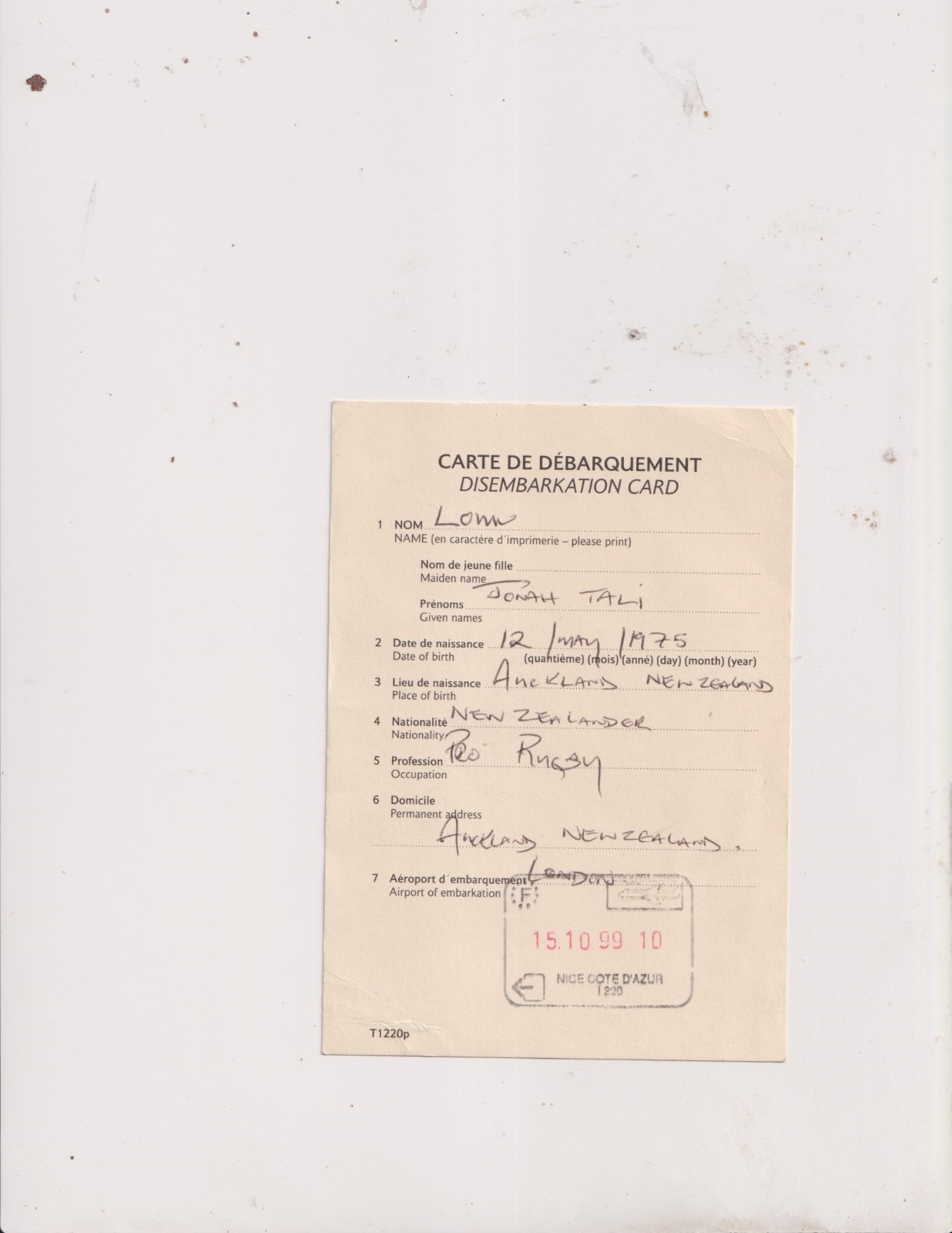 15-10-1999. World Cup. Rugby. Jonah Lomu. Autograph. Card. landing.
