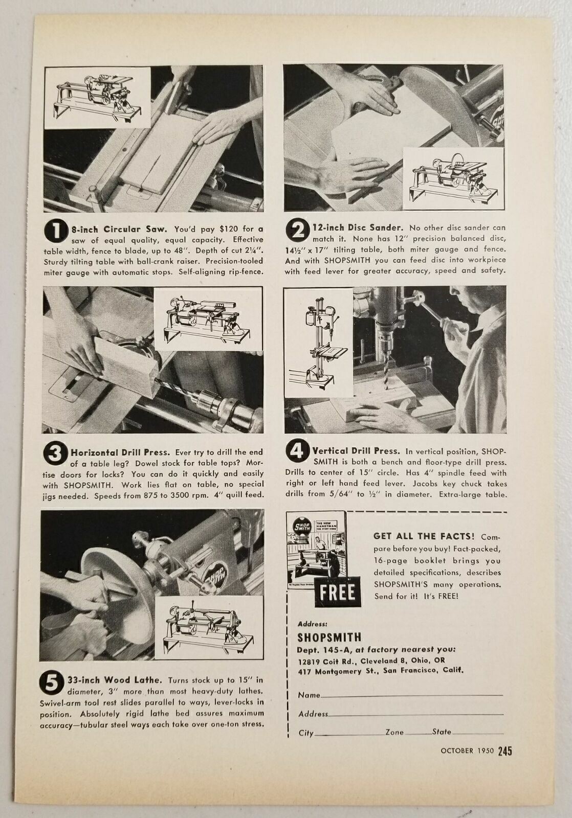 1950 Print Ad Shopsmith Drill Press,Saw,Sander,Wood Lathe Cleveland,OH San Fran