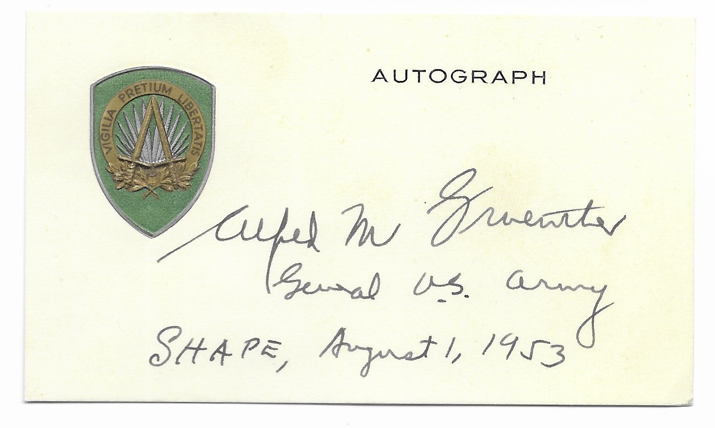 General Alfred Gruenther Army Vintage 1953 Signed Embossed NATO Card SACEUR COA