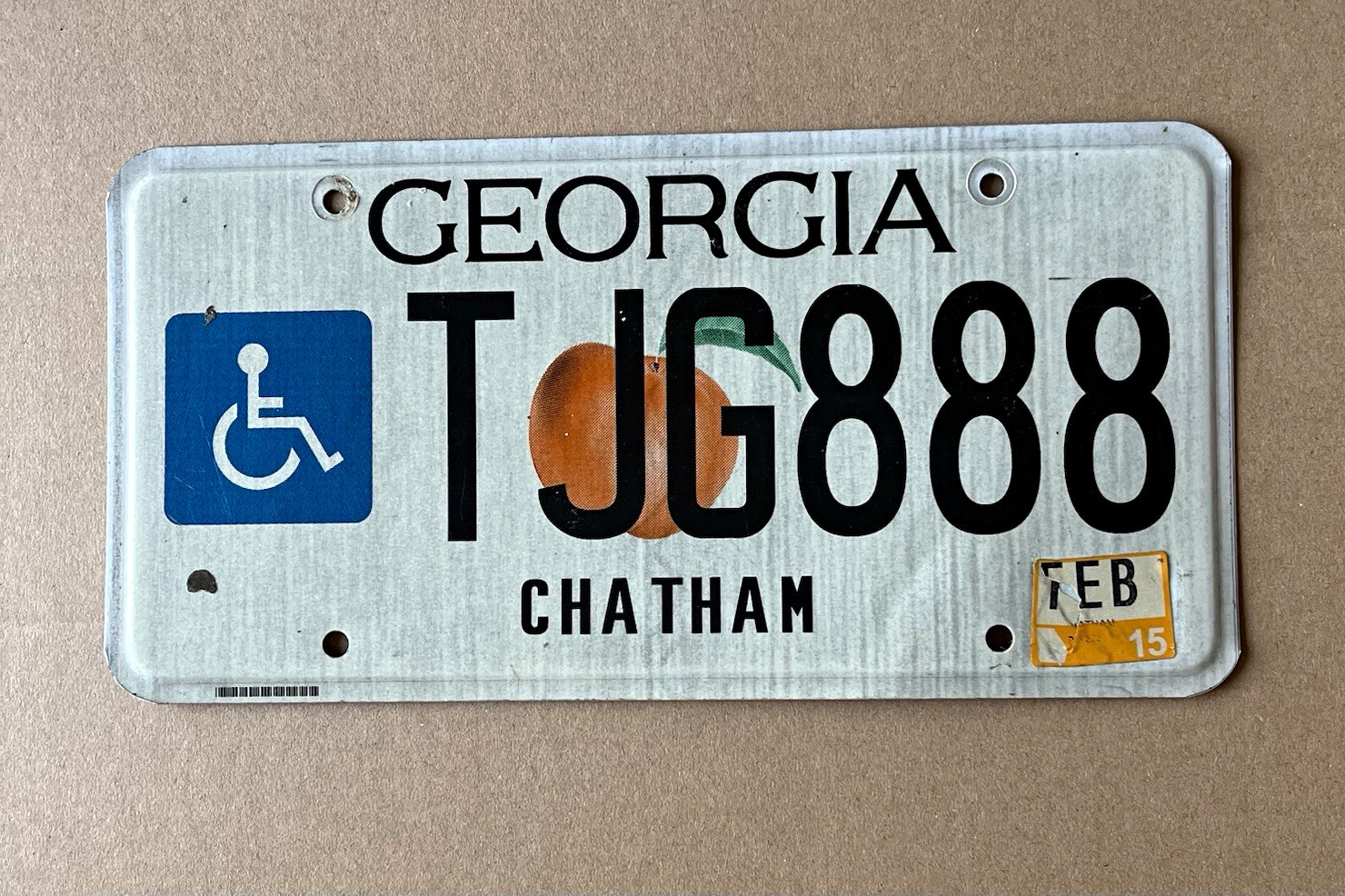 2015 Georgia License Plate TJG888 Chatham County Handicap