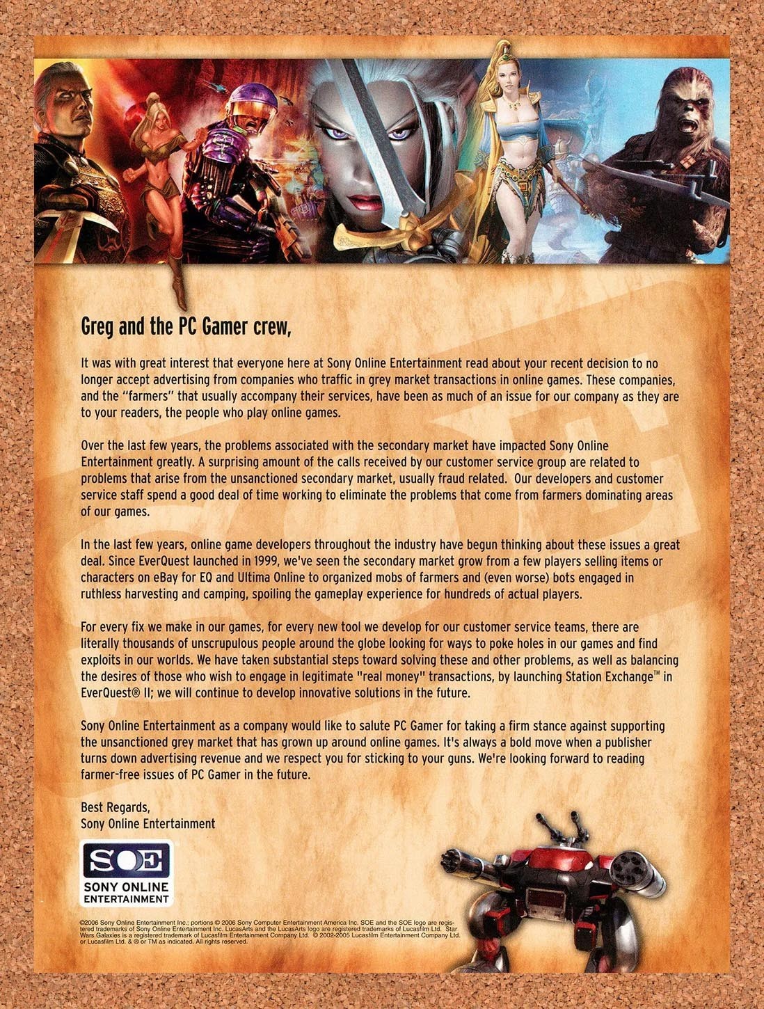 2006 Sony Online Entertainment Letter To PC Gamer Original Ad / Promo v1