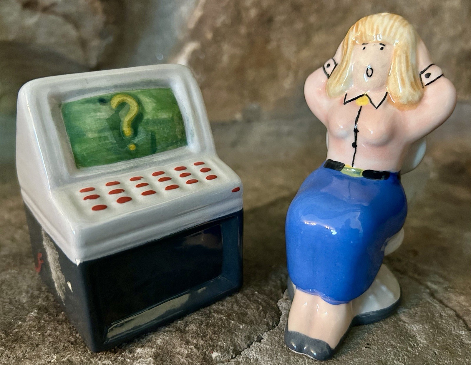Vintage Fitz and Floyd Salt and Pepper Shakers, Stressed Female Computer Office 
