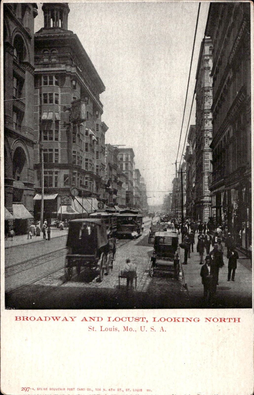 USA St Louis Missouri Broadway Locust Street 1900s Litho PC