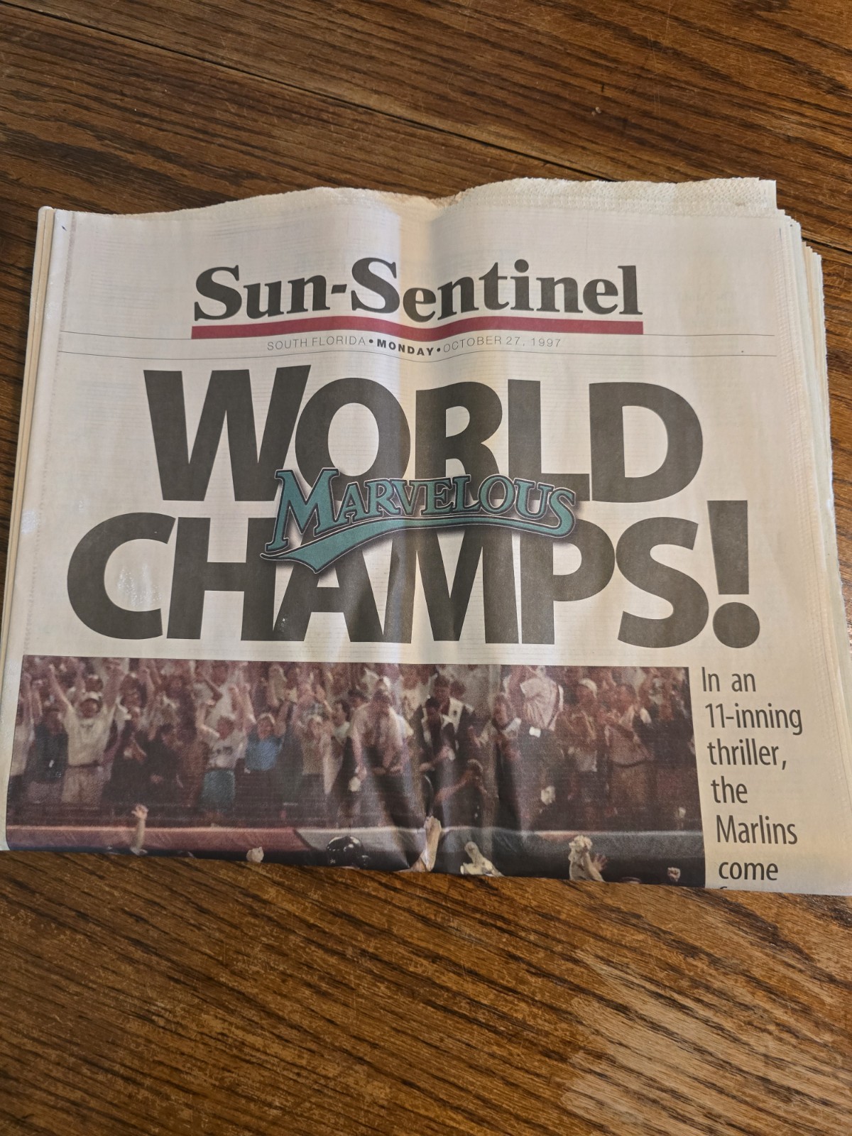 Marlins Win World Series 1997 Sun-Semtinel Newspaper Full Paper Never Read