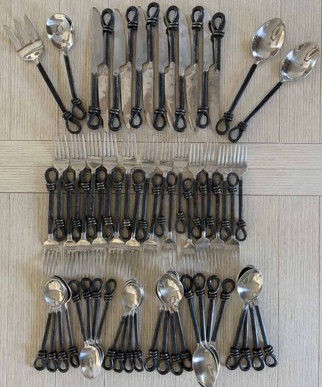 Hand Forged Twisted Stainless Blackened Flatware Made in Thailand Service for 12