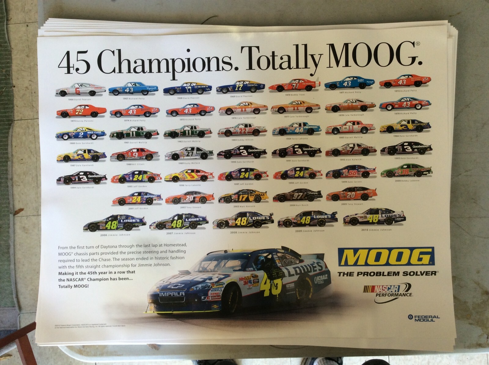 NASCAR CHAMPION MOOG POSTERS Multiple Years 31,33,35 To 41 and 45 To 52.