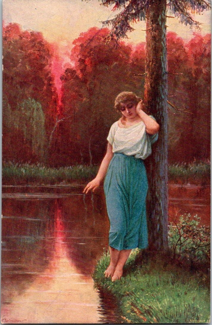 Ad. Liebscher Art Postcard Melancholy Woman Lake Red Trees Negler L