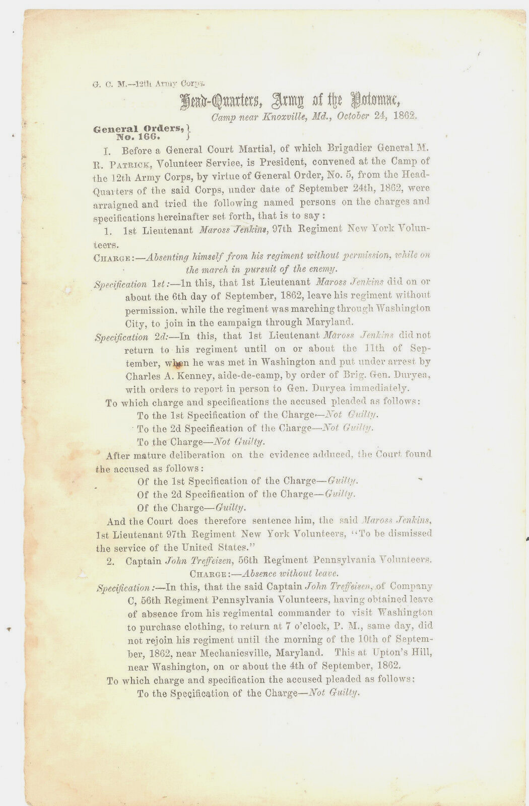 CIVIL WAR MARYLAND ANTIETAM CAMPAIGN  GENERAL ORDER DISMISSING 2 AWOL  OFFICERS