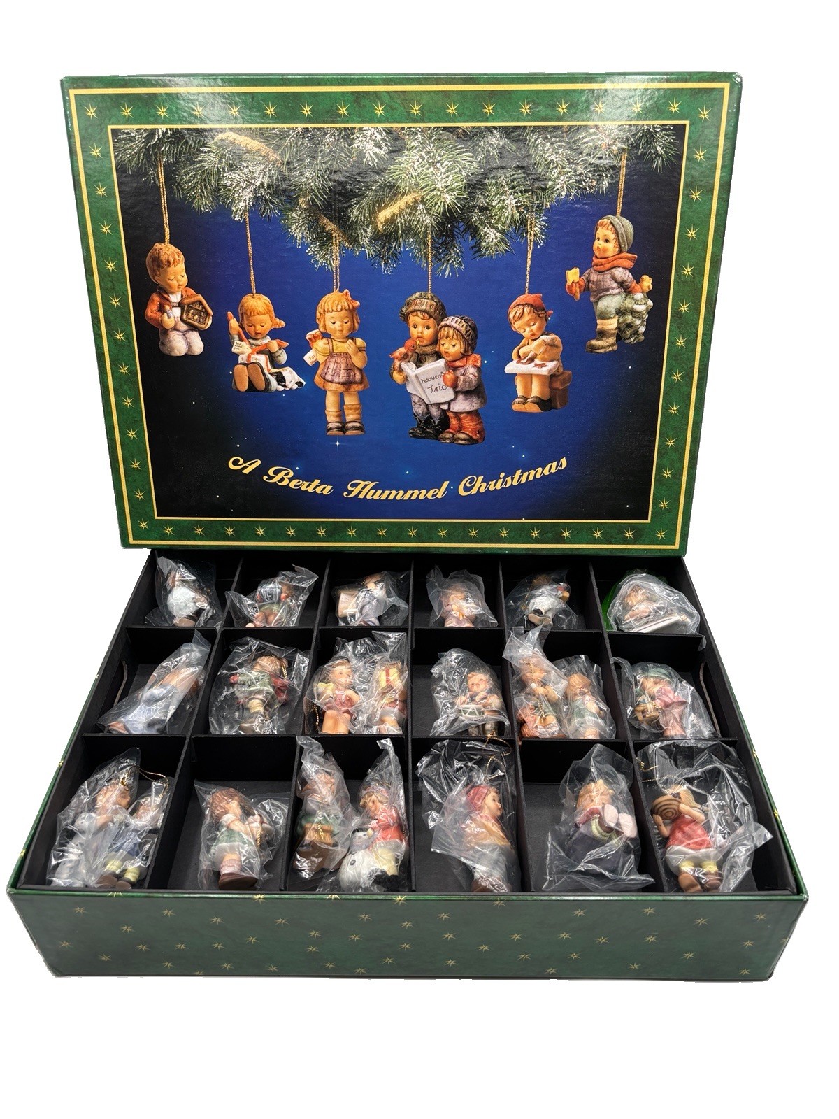 Vintage Berta Hummel Porcelain Christmas Ornaments 45 Pc Two Tier Box Set NOS