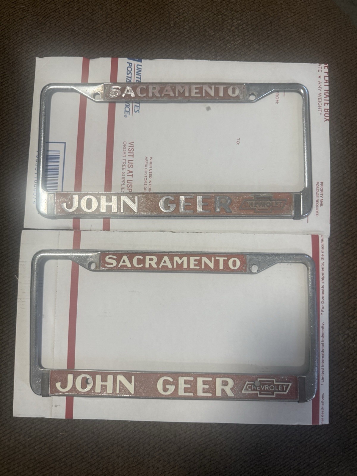 John Geer Chevrolet Sacramento CA Dealer License Plate Frames *PAIR* *Original*