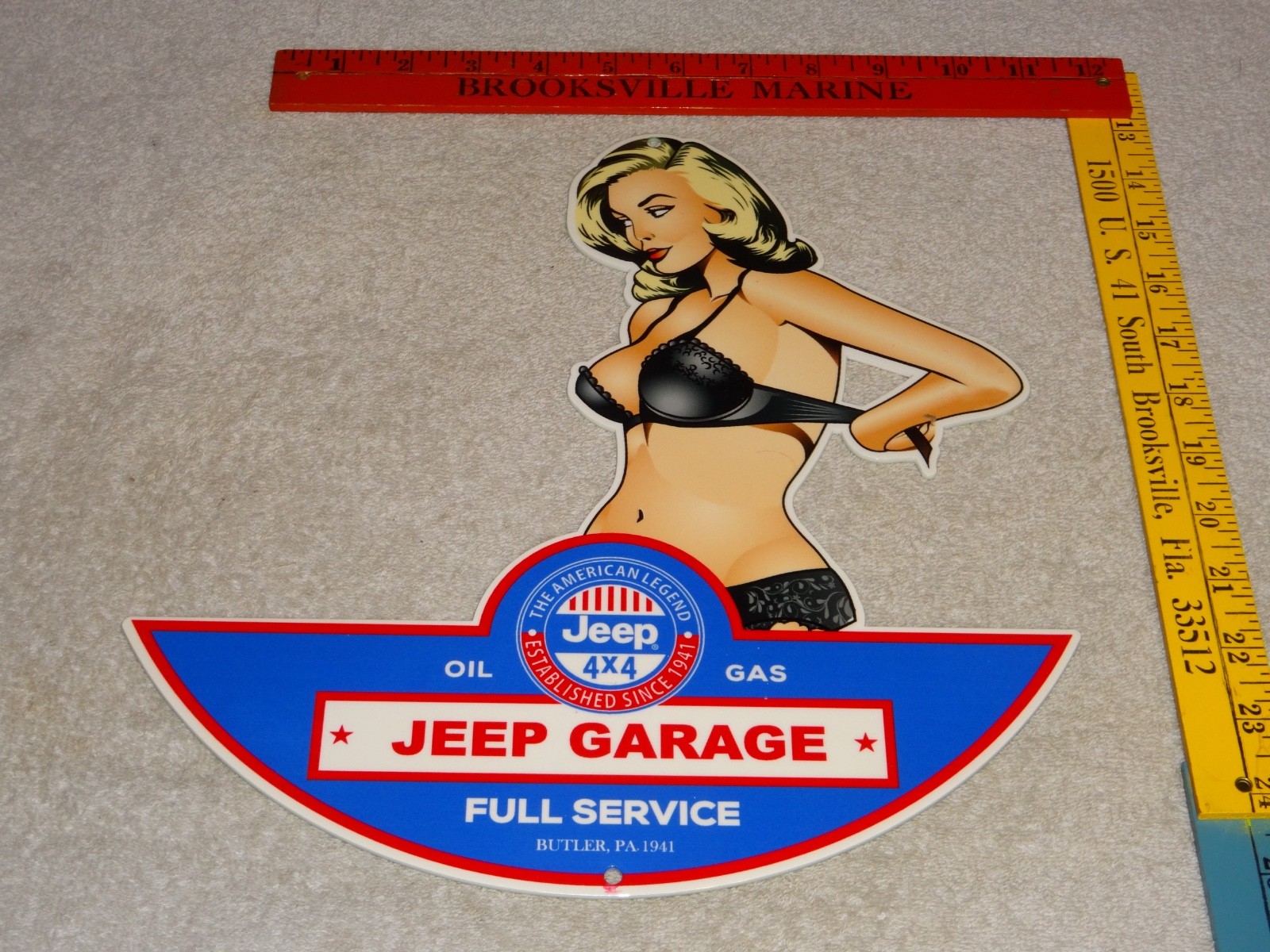 VINTAGE JEEP FULL SERVICE GARAGE WOMAN METAL ENAMEL CAR GASOLINE OIL WILLYS SIGN