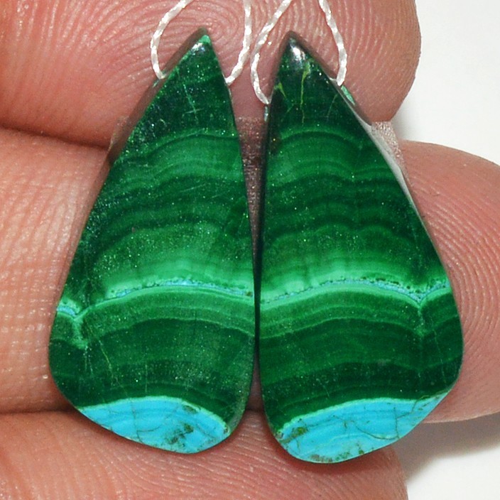 23Cts  Natural Malachite Gemstone Cabochon Side Drill Earrings 24x11mm #P2484