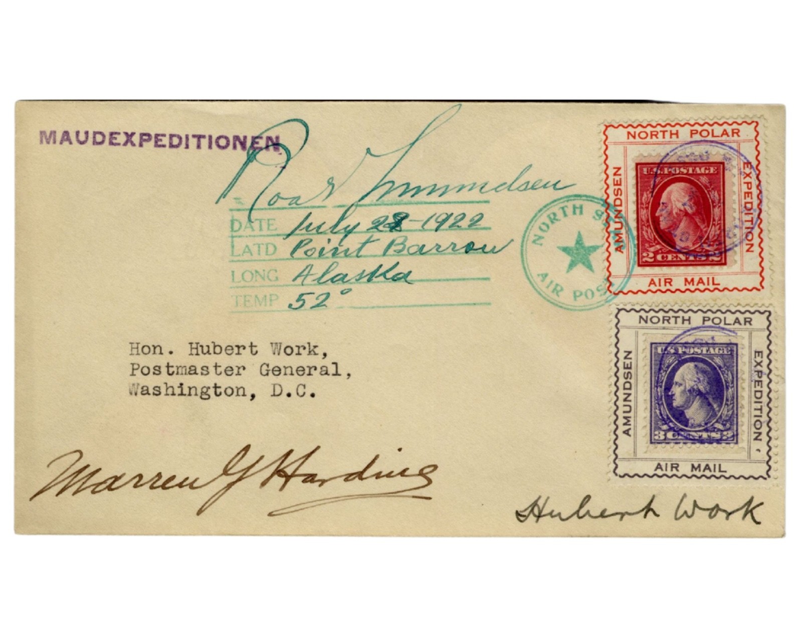 Explorer Roald Amundsen Signed 1922 North Polar Expedition First Day Cover PSA