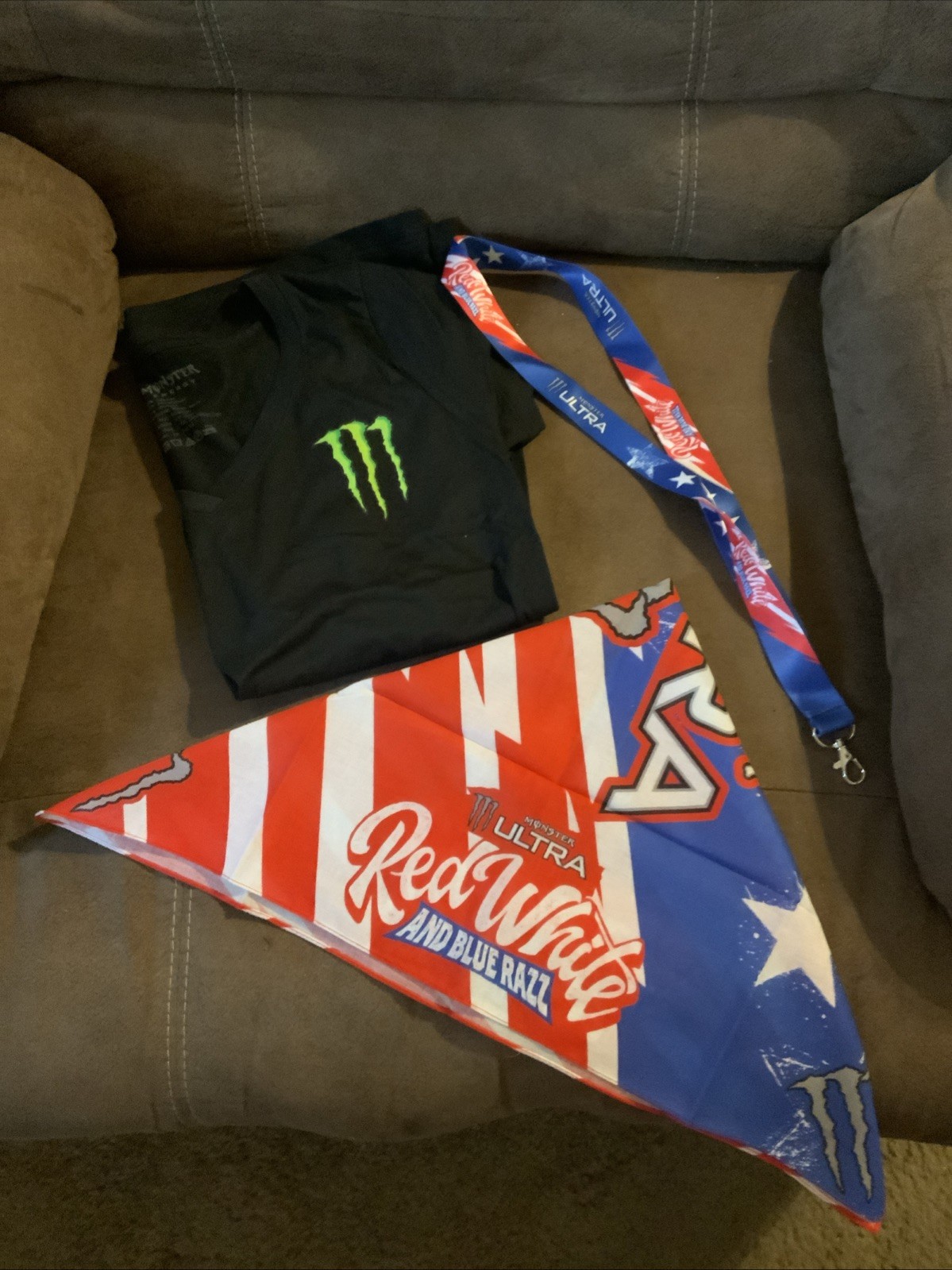 Lot of Monster Energy Items Lg Ladies T-shirt, Lanyard & Handkerchief Brand New