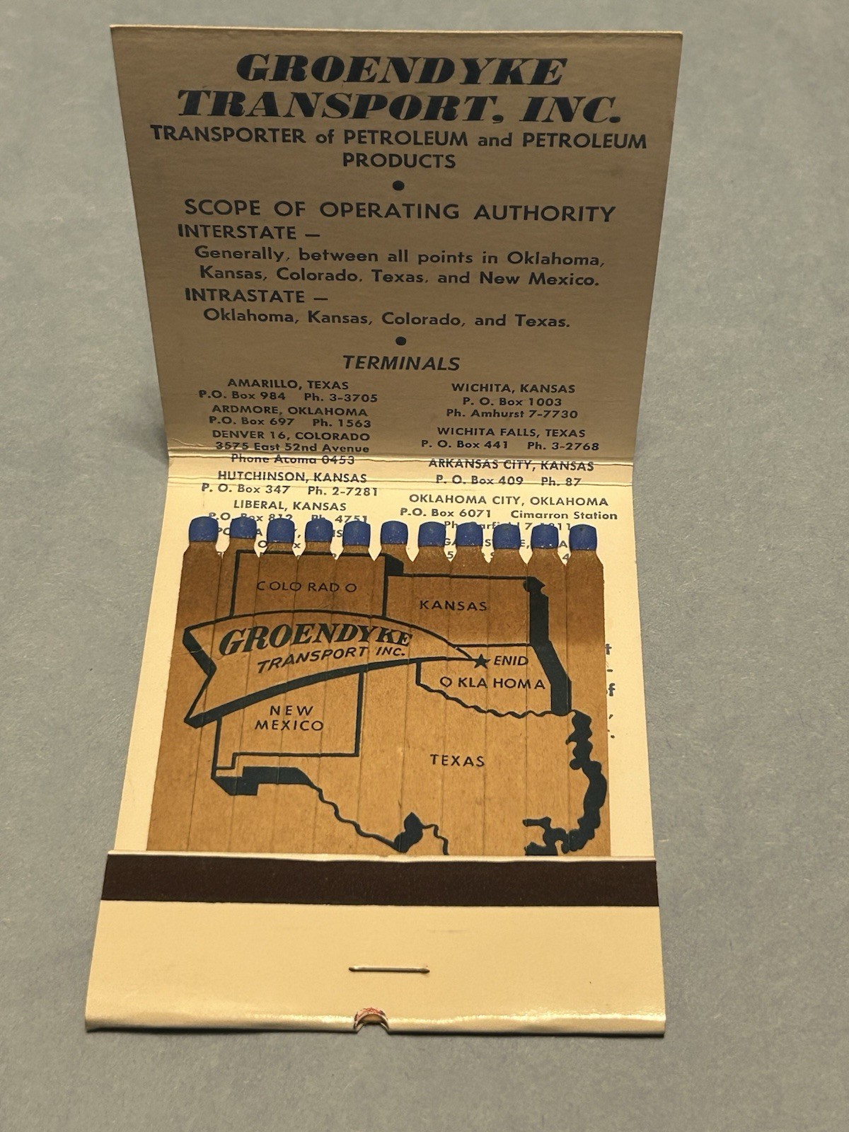 🔥🔥   Rare Full Giant Feature Matchbook -Groendyke Transport - Low Phone Number
