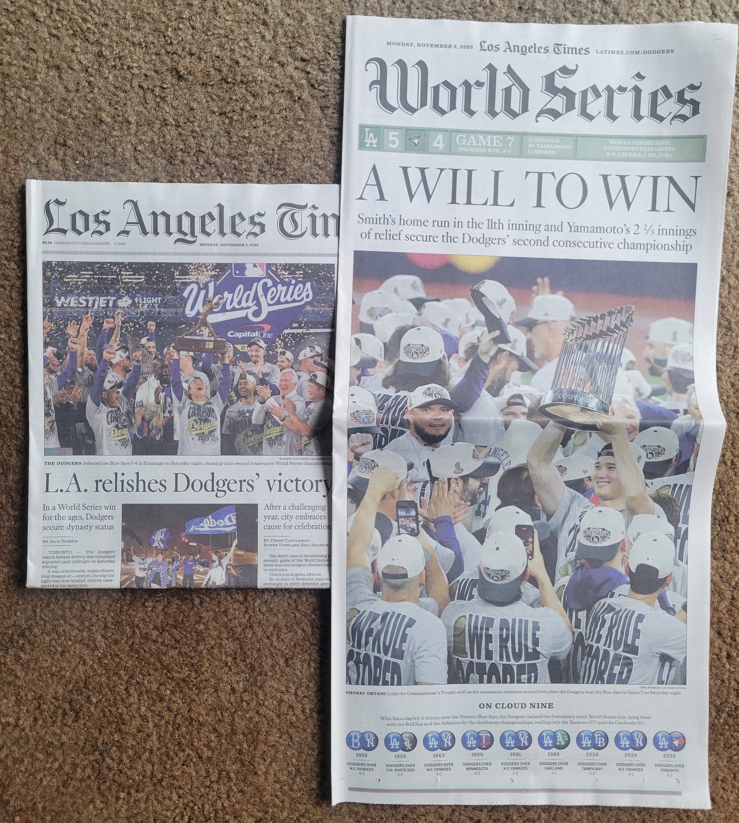 LOS ANGELES TIMES 11/3 COLLECTIBLE LA DODGERS 2025 WIN MLB WORLD SERIES VICTORY