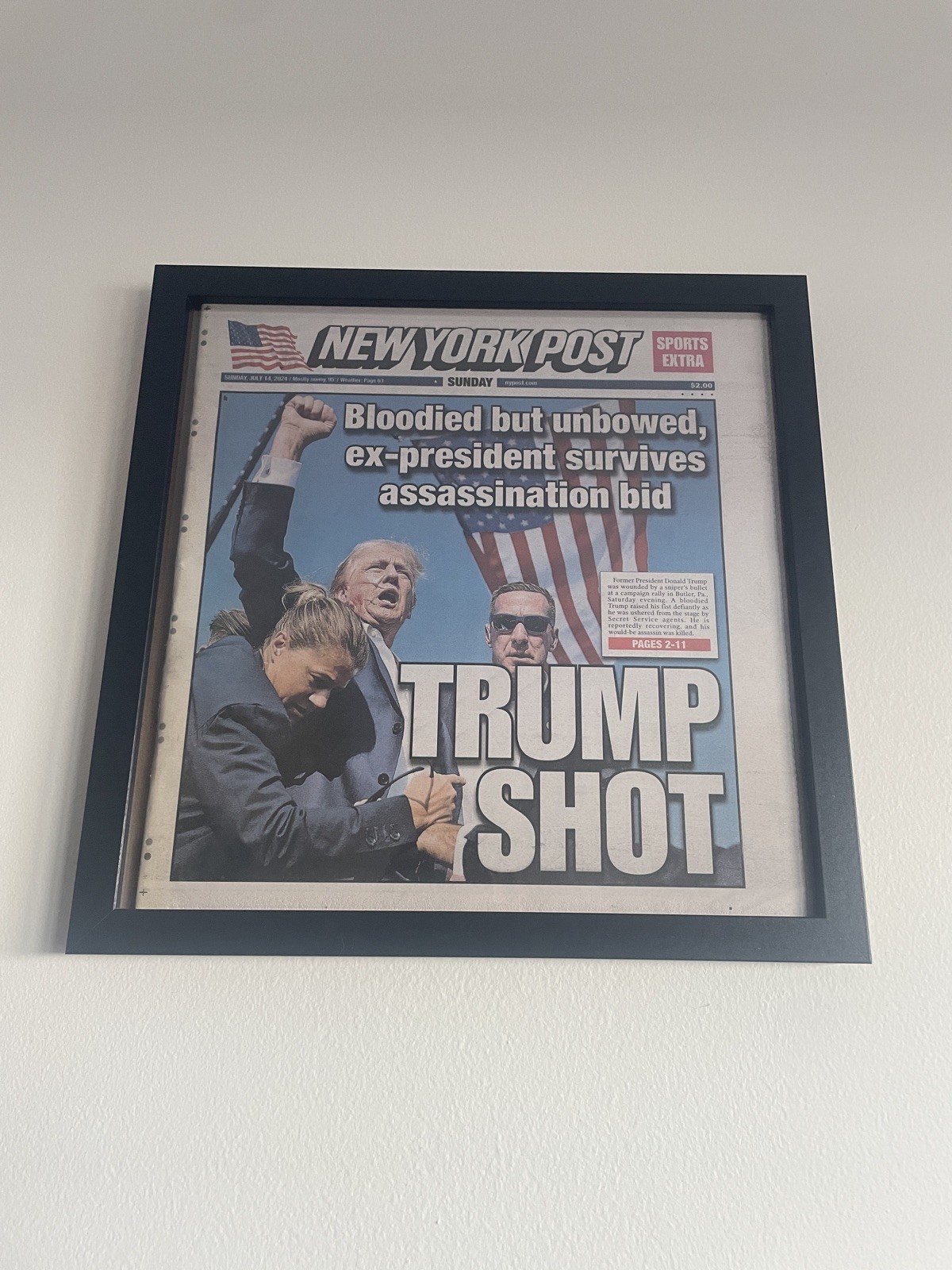 FRAMED TRUMP SHOT New York Post Donald Trump Shot 7/14/2024 Sunday Newspaper