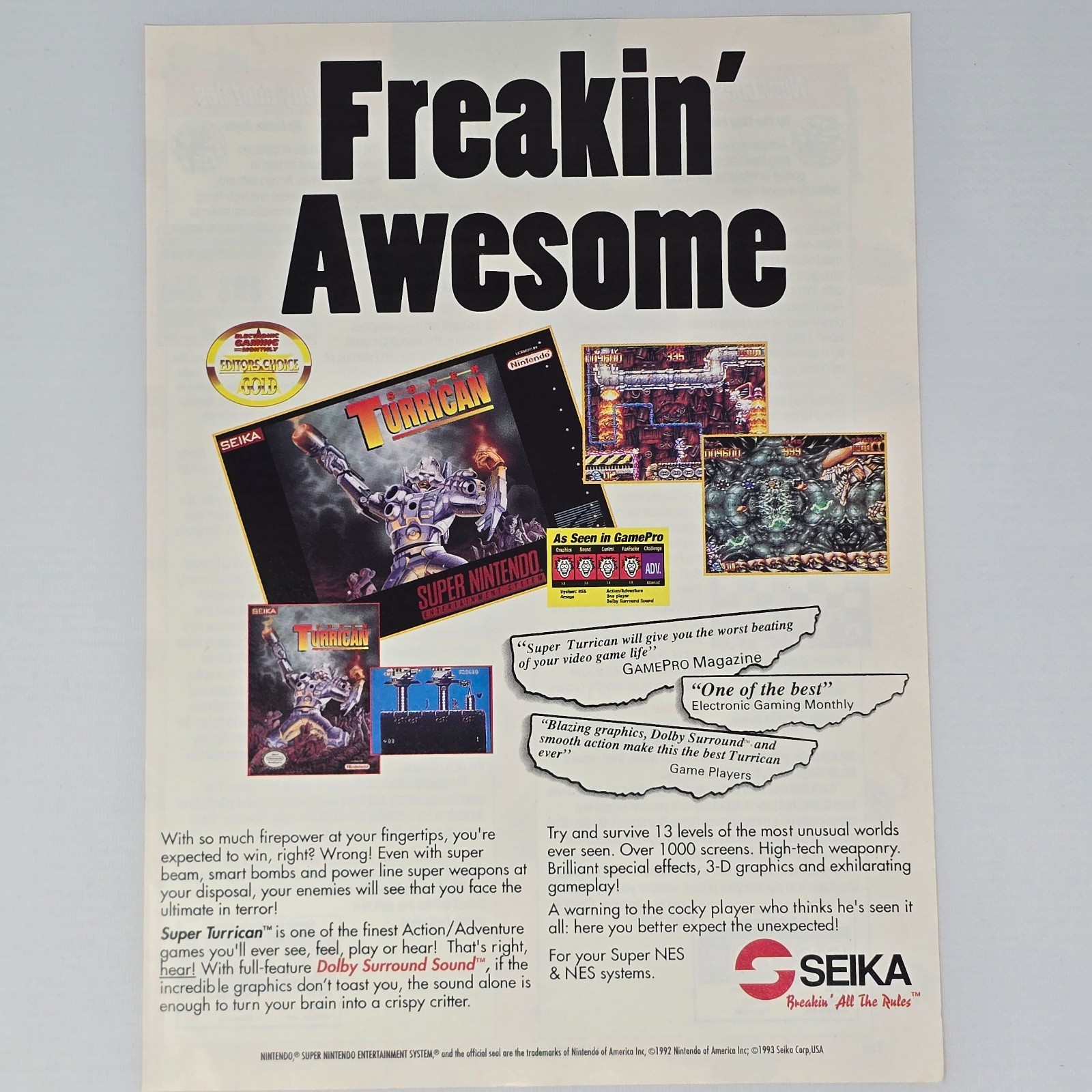 Super Turrican Super Nintendo SNES Freakin Awsome Print Ad/Poster