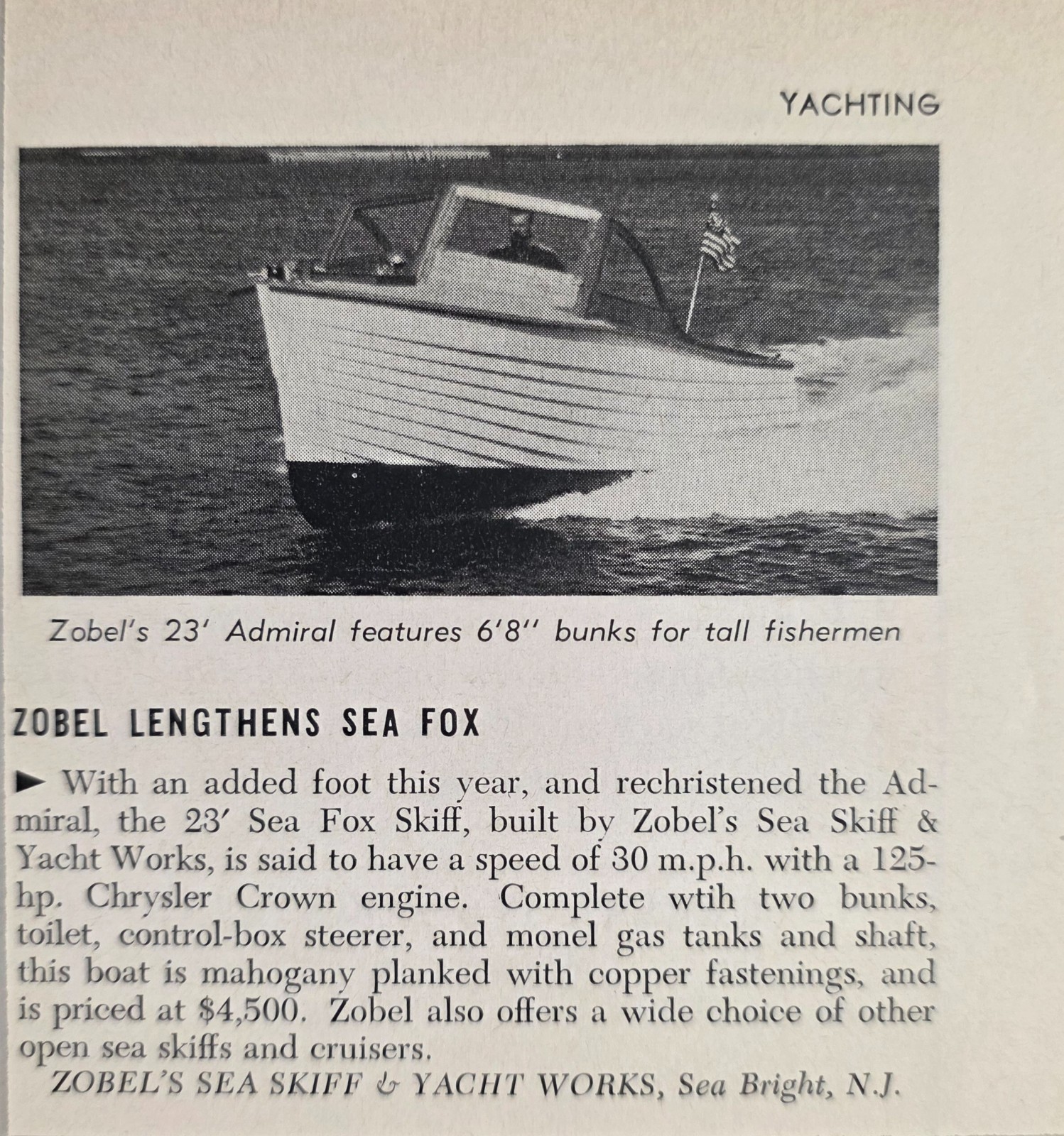 956 Print Ad Zobel 23' Admiral Sea Fox Skiffs Sea Skiff & Yachts Sea Bright,NJ