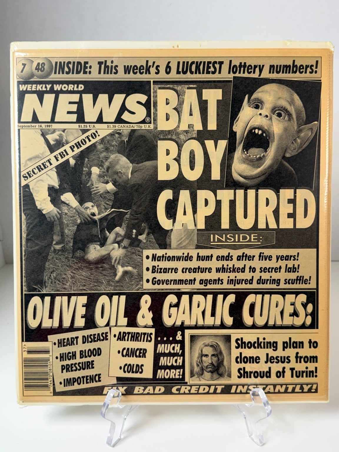 1997 Weekly World News Bat Boy Captured Mounted Front Page Display Tabloid