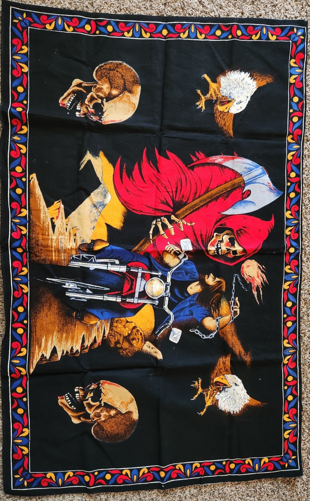 Vintage David Mann Motorcycle Grim Reaper  Tapestry Skulls & Eagles Wall Hanging