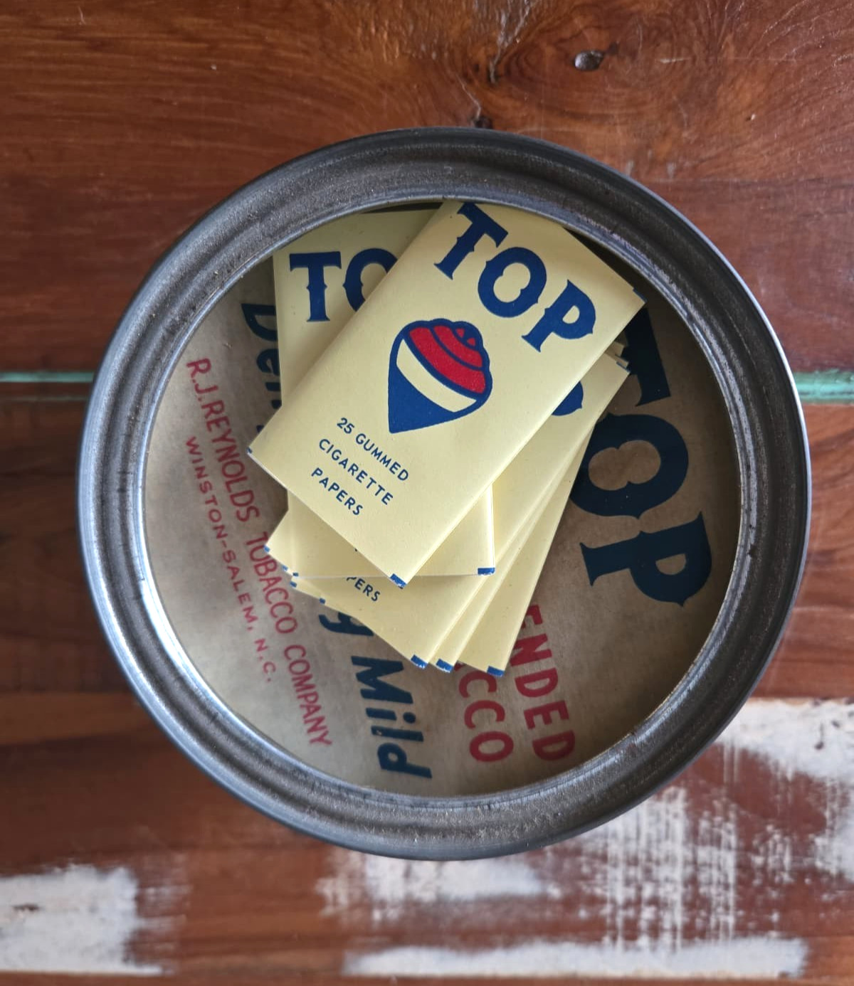 Vtg 1970s TOP Cigarette Tobacco 7oz Canister Tin – Complete w/ 6 Packs of Papers