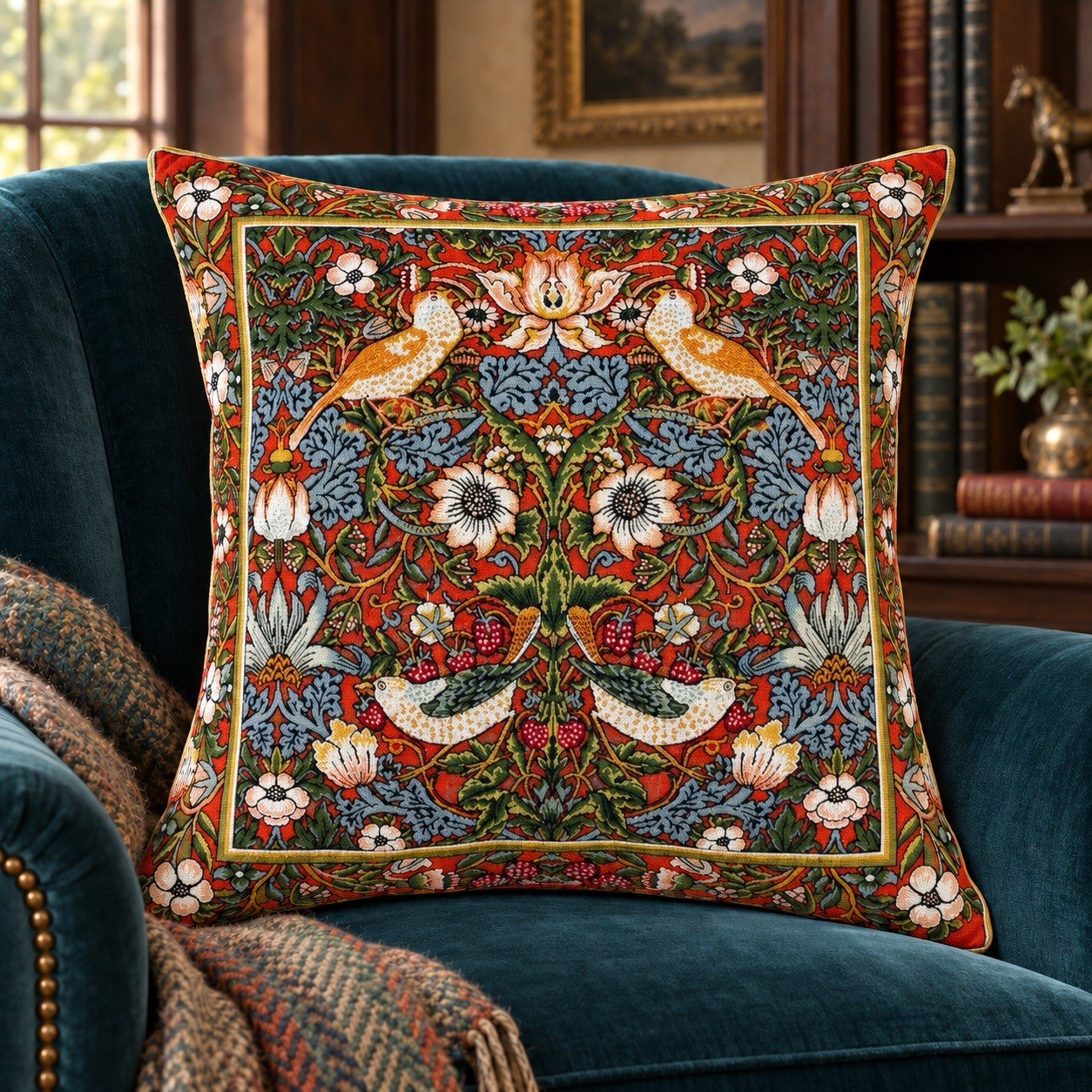 William Morris Red Birds Tapestry Pillow 18x18 Gobelin Sofa Cushion