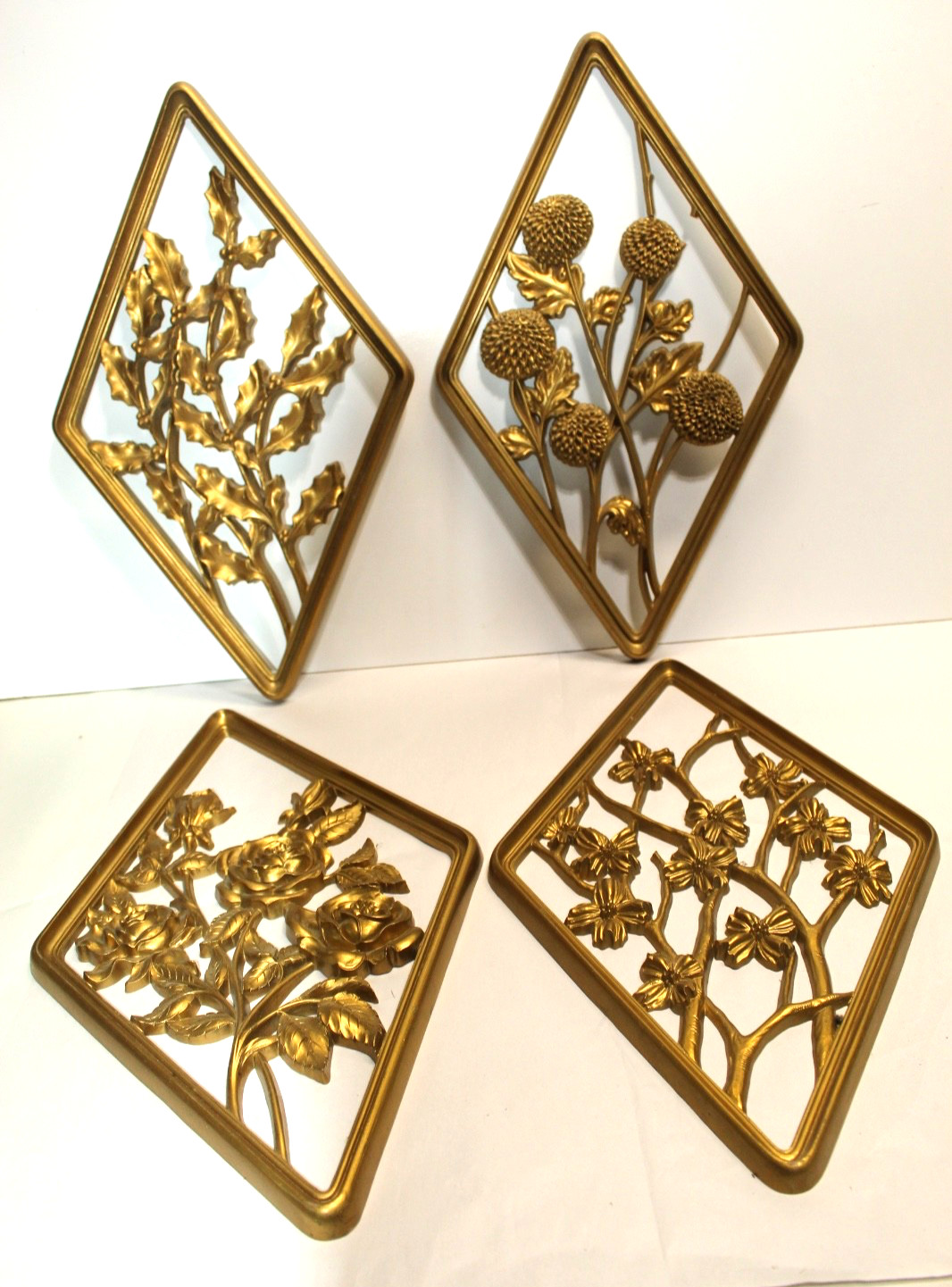 Vintage MCM Syroco Diamond Shape Four Seasons Gold Floral Wall Decor Set of 4