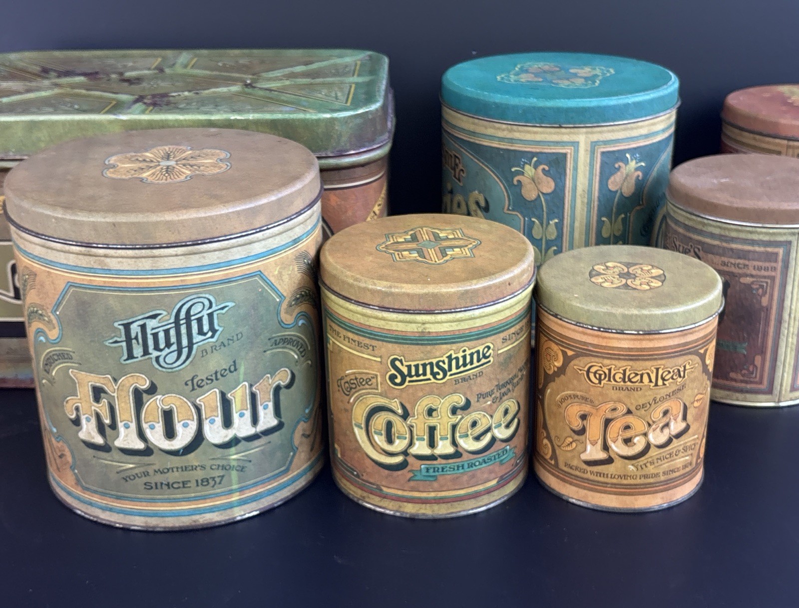 Vtg 70s Nesting Tins Canisters Ballonoff Metal Products Co. Art Deco Flour Tea