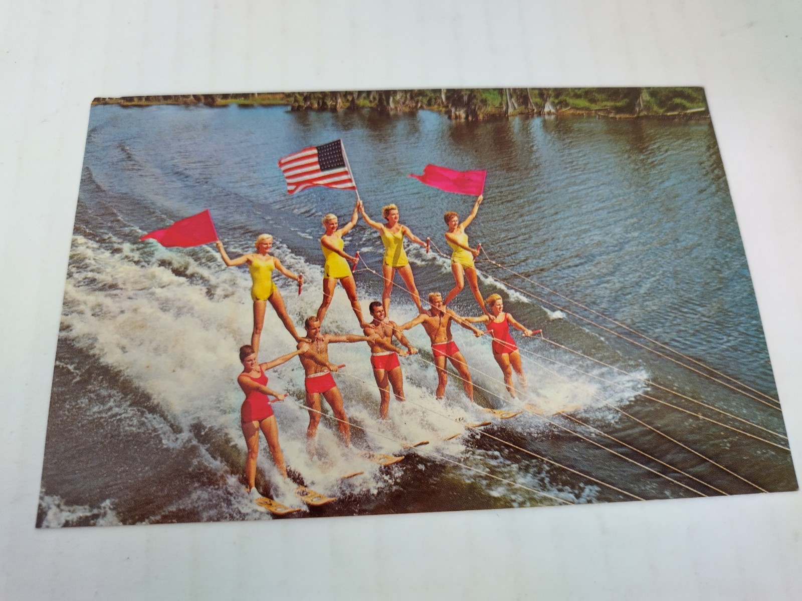 Vintage Cypress Gardens Florida Human Pyramid on Water Skis Chrome Postcard 
