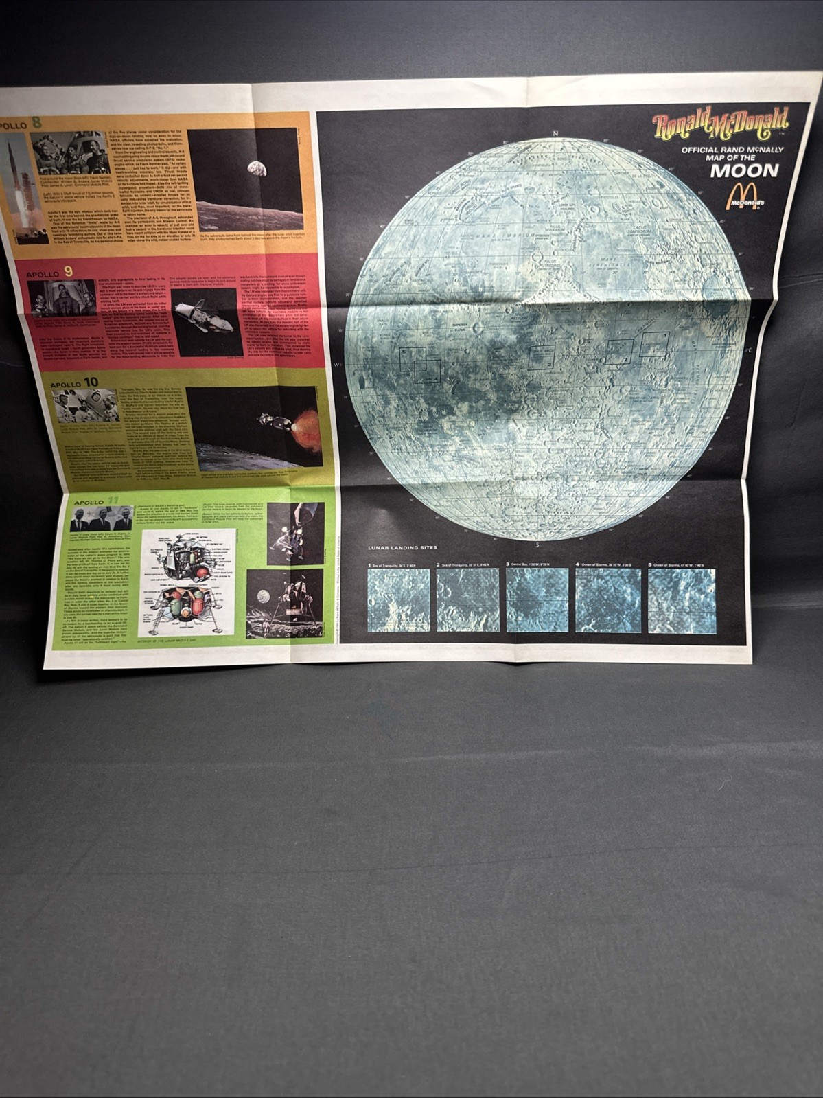 VTG 1969 Mc Donald's Rand McNally Ronald McDonald Map of The Moon - Apollo 8 -11