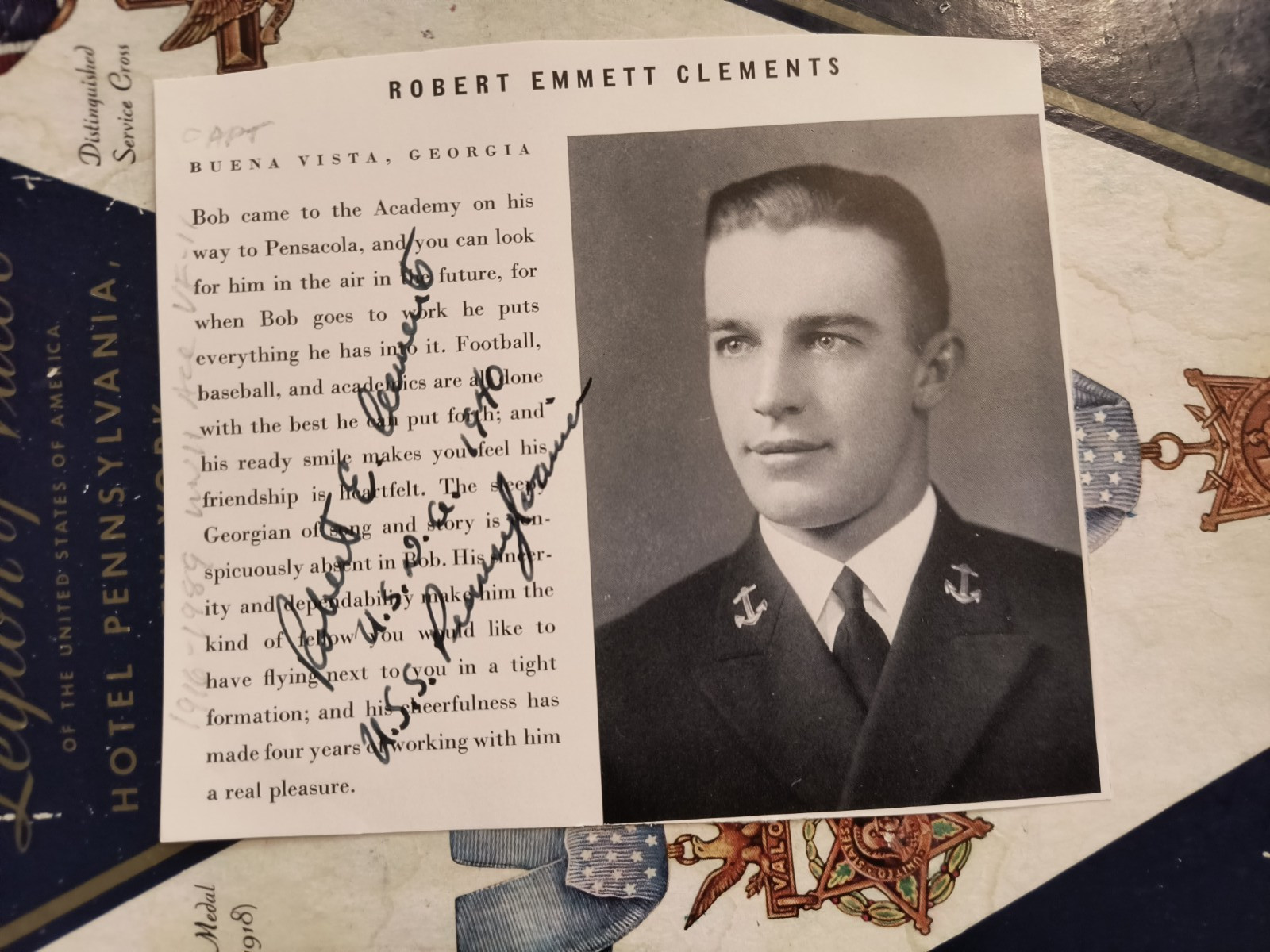 WWII Ace Capt. ROBERT E. CLEMENTS 5Vs VF-11 Sundowners Signed 1940 USNA Photo
