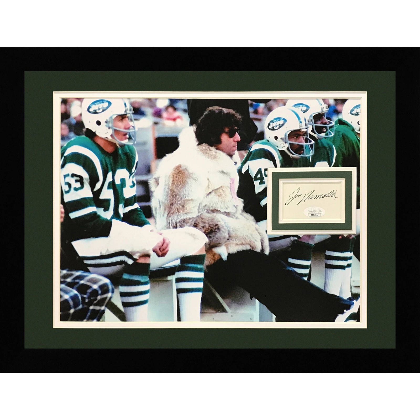 Joe Namath Autographed New York Jets (Fur Coat on Bench) Deluxe Framed 11x14 Pho