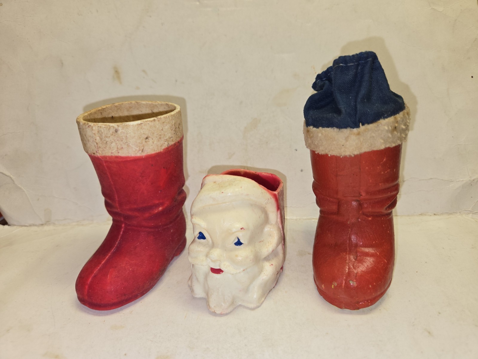 Vintage 1950s Wax Christmas Santa Claus Candy Head,Germany Boot,Photo Tobacco