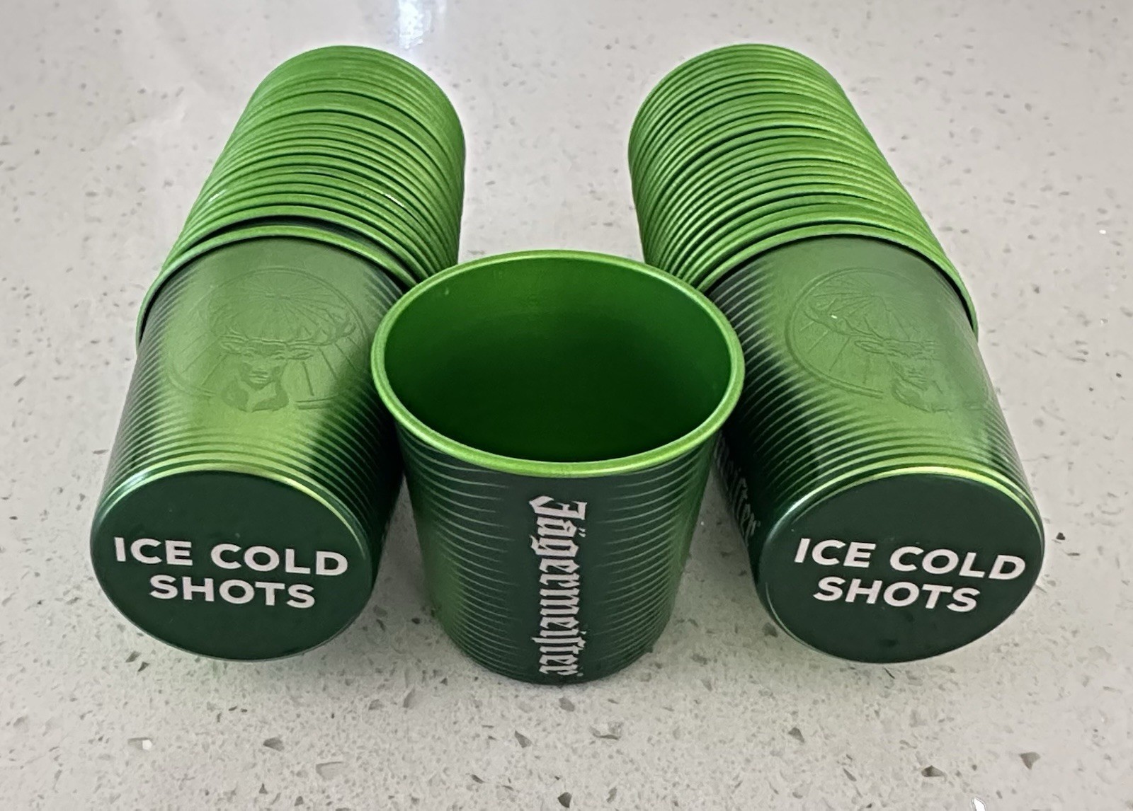 NEW IN BOX JAGERMEISTER COLOR CHANGING SHOT CUPS (50) GREEN ALUMINUM JAGER