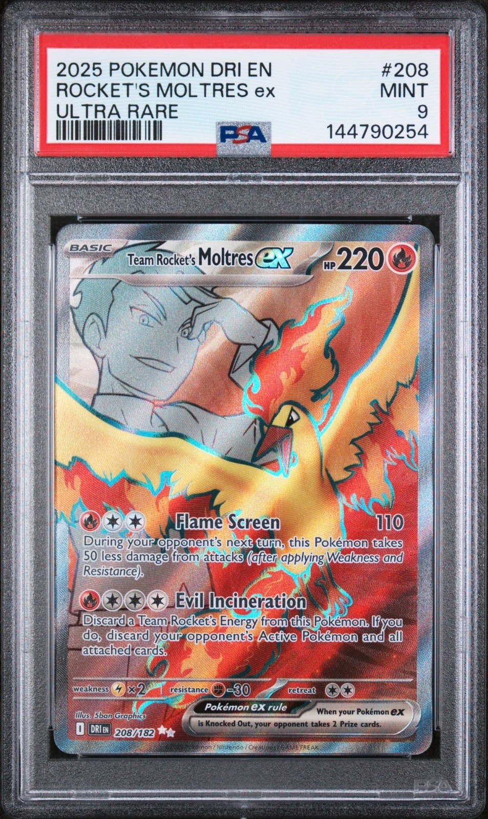 PSA 9 TEAM ROCKET'S MOLTRES EX 208/182 - DESTINED RIVALS RARE HOLO - MINT