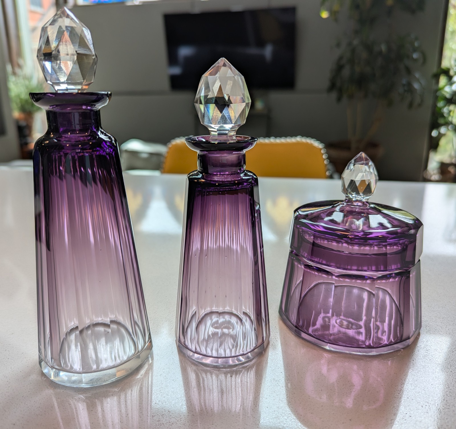 Vintage Signed Moser Alexandrit Amethyst Crystal 3pc Vanity Set Art Deco Bottle