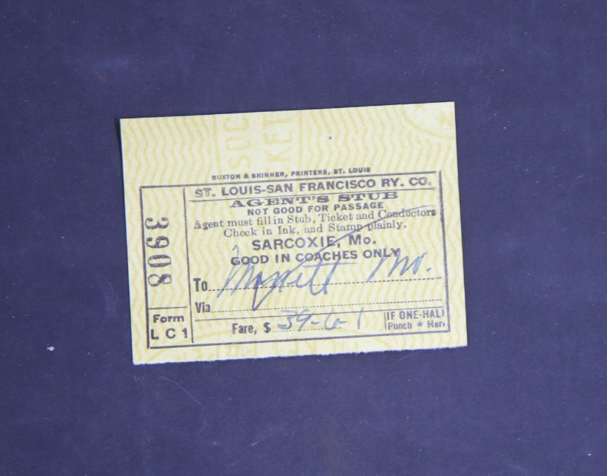 1945 SL-SF / Frisco Railroad ticket stub, Sarcoxie, Missouri to Monett, Missouri