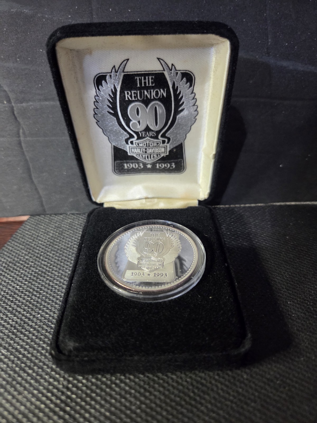 Harley Davidson Motorcycles 90 Year Employee Reunion Silver Coin, 1903-1993