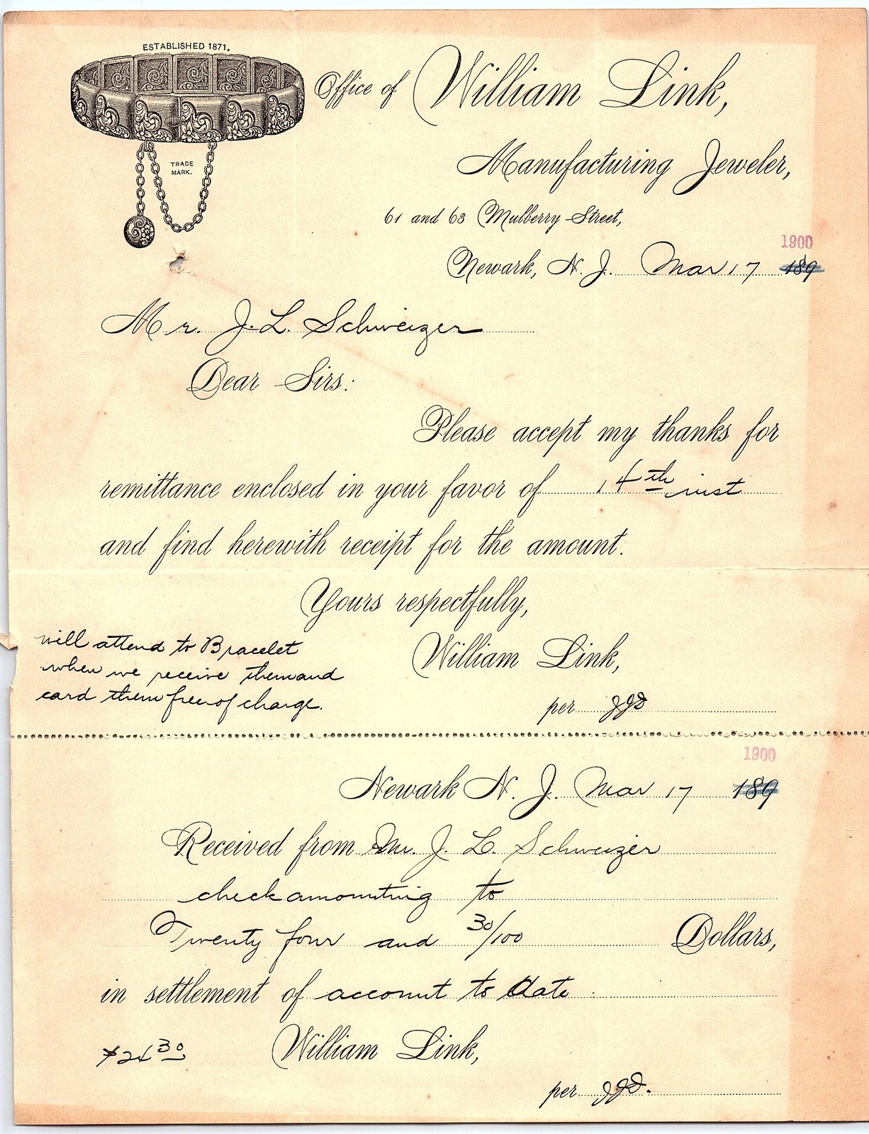 Vintage 1899 William Link Jeweler Newark NJ receipt, bracele