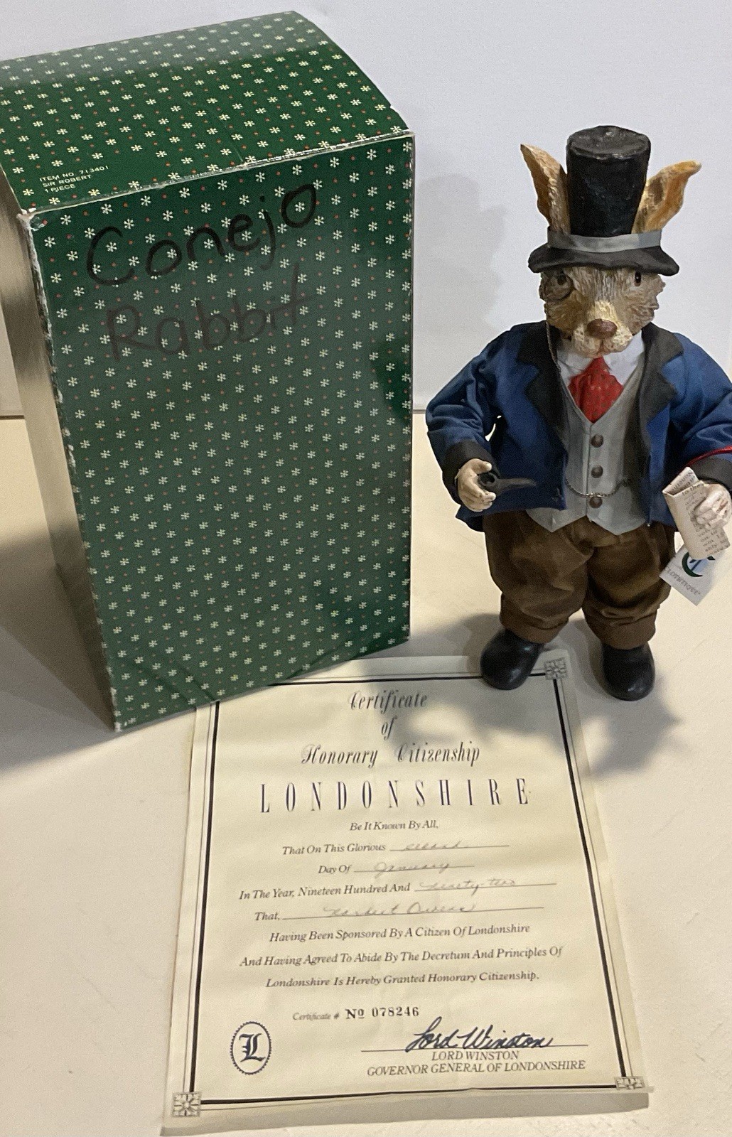 1988 Possible Dreams Vintage Folk Art Rabbit Figurine Top Hat 12