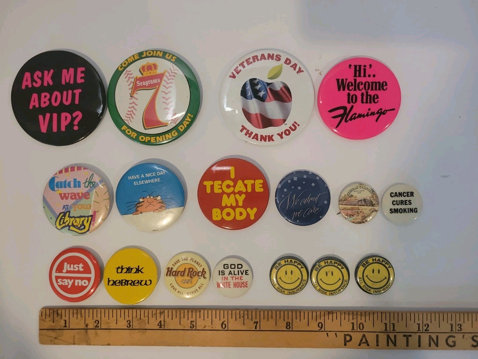 Vintage Junk Drawer Pinback Button Lot 17pc Retro Humor Travel Slogan Pins Mix
