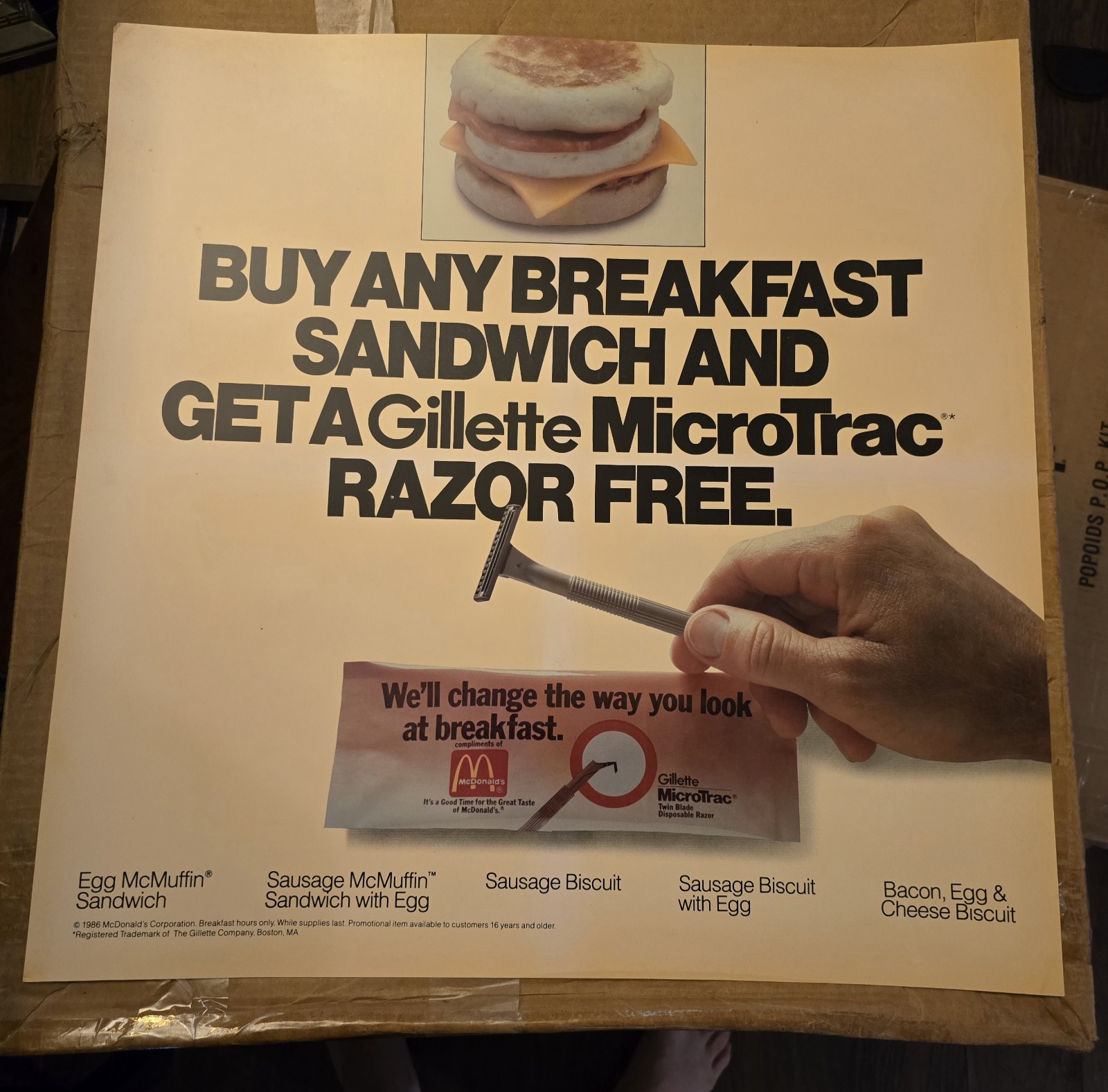 1986 McDonald\'s Translite Sign Breakfast sandwich grt Gillettee razor 21.75\